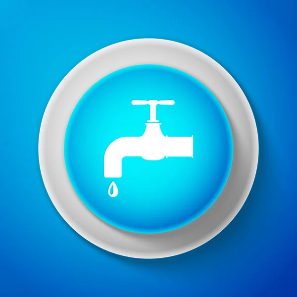 Grifo de agua blanca con un icono de gota de agua que cae aislado sobre fondo azul. Botón azul círculo con línea blanca. Ilustración vectorial — Vector de stock