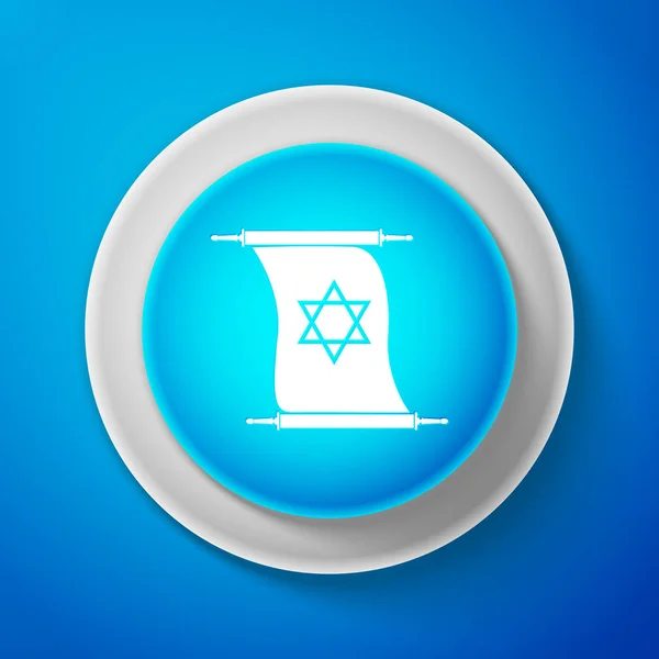Wit Torah scroll pictogram geïsoleerd op blauwe achtergrond. Joodse Thora in uitgebreide vorm. Torah boek teken. Symbool van de Davidster. Eenvoudig oude perkament scroll. Cirkel blauwe knop. Vectorillustratie — Stockvector