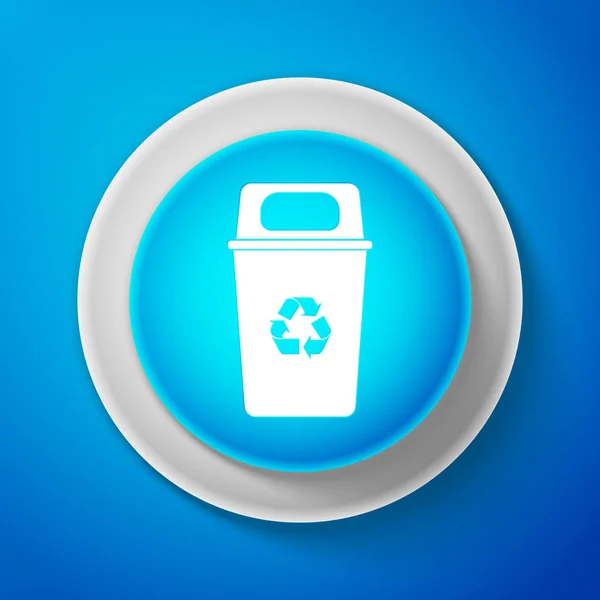 Wit Prullenbak met recycle symboolpictogram geïsoleerd op blauwe achtergrond. Kan van de prullenmand. Cirkel blauwe knop met witte lijn. Vectorillustratie — Stockvector