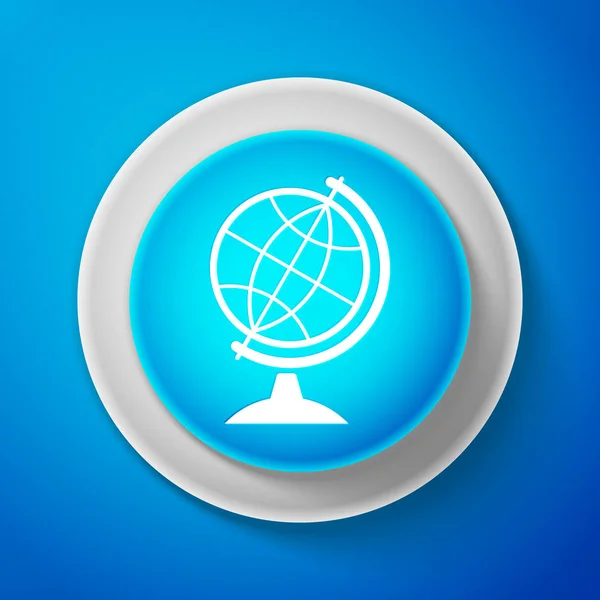 Weiße Erde Globus Symbol isoliert auf blauem Hintergrund. Kreis blauer Knopf mit weißer Linie. Vektorillustration — Stockvektor