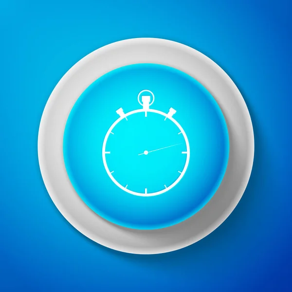 Wit Stopwatch pictogram geïsoleerd op blauwe achtergrond. Time timer teken. Cirkel blauwe knop met witte lijn. Vectorillustratie — Stockvector