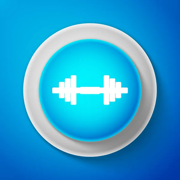 Icono de Dumbbell blanco aislado sobre fondo azul. Icono de levantamiento muscular, barra de fitness, icono de gimnasio, símbolo de equipo deportivo, bumbbell ejercicio. Botón azul círculo con línea blanca. Ilustración vectorial — Archivo Imágenes Vectoriales