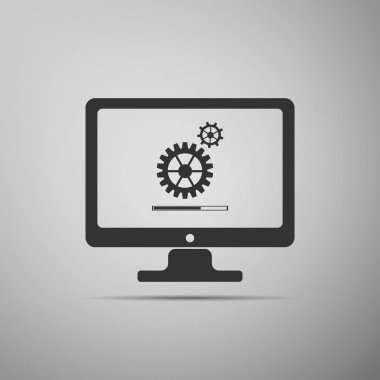 Monitör güncelleştirme işlemi ile şanzıman ilerleme ve yükleme çubuğu simgesi gri arka plan üzerinde. Bilgisayar ekran işareti. Sistem bilgisayar yazılımı güncelleştirmek. Yükleme işlemi monitör ekranında. Düz tasarım. Vektör çizim