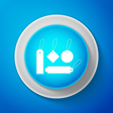 Beyaz boş etiketleri şablon fiyat etiketleri üzerinde mavi arka plan izole Icon set. Boş alışveriş Etiketler indirimler. Şablon indirim afiş ayarlayın. Beyaz çizgili daire mavi düğme. Vektör çizim