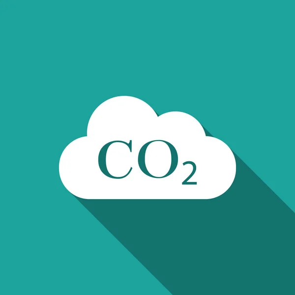 CO2 emissions in cloud icon isolated with long shadow. Carbon dioxide formula symbol, smog pollution concept, environment concept, combustion products sign. Flat design. Vector Illustration — Stock Vector