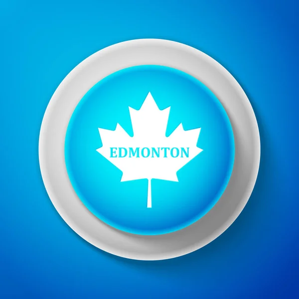 白色加拿大枫叶与城市名字埃德蒙顿图标在蓝色背景被隔绝。圆圈蓝色按钮与白色线。矢量插图 — 图库矢量图片