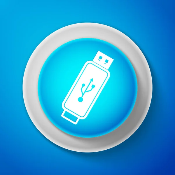 Біла піктограма USB флеш-накопичувача ізольована на синьому фоні. Блакитна кнопка з білою лінією. Векторна ілюстрація — стоковий вектор