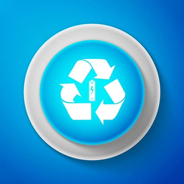 Batterie blanche avec symbole de recyclage icône de concept d'énergie renouvelable isolé sur fond bleu. Cercle bouton bleu avec ligne blanche. Illustration vectorielle — Image vectorielle