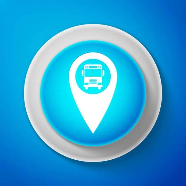 White Map pointer with bus icon isolated on blue background. Circle blue button with white line. Vector Illustration — Stock Vector