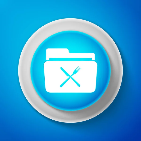 Blanco Cruzado tenedor y cuchillo sobre la carpeta icono aislado sobre fondo azul. Botón azul círculo con línea blanca. Ilustración vectorial — Vector de stock