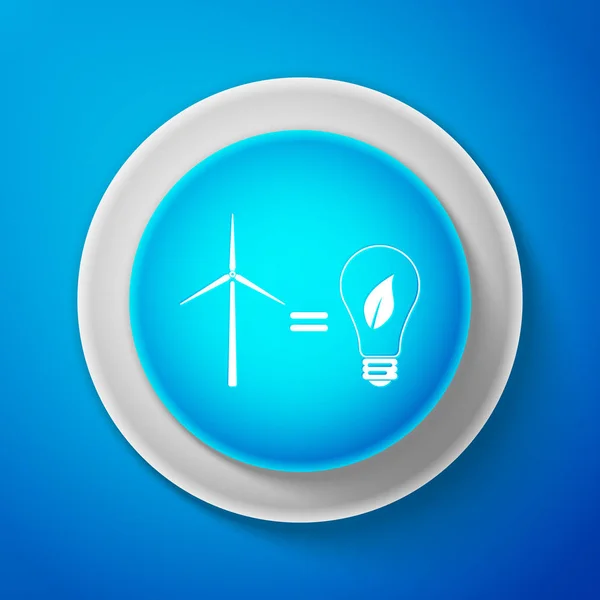 Turbina eólica blanca y bombilla con hojas como idea de fuente ecológica de energía icono aislado sobre fondo azul. Botón azul círculo con línea blanca. Ilustración vectorial — Vector de stock