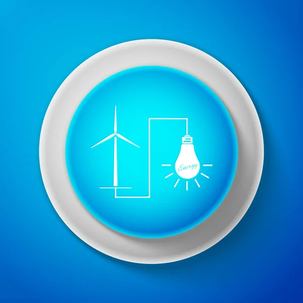 Turbina de molino de viento blanco que genera energía eléctrica y el icono de bombilla brillante aislado en el fondo azul. Producción natural de energía renovable mediante molinos eólicos. Círculo botón azul. Ilustración vectorial — Vector de stock