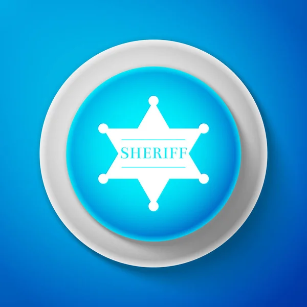 Weißes sechseckiges Sheriff-Stern-Symbol isoliert auf blauem Hintergrund. Sheriff-Abzeichen. Kreis blauer Knopf mit weißer Linie. Vektorillustration — Stockvektor