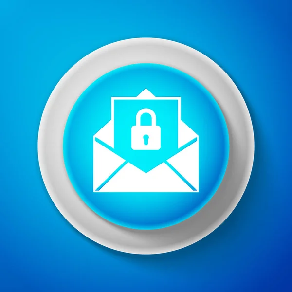 White Secure mail ikona na białym tle na niebieskim tle. Kopert mailing kłódkę. Koło niebieski przycisk z Biała linia. Ilustracja wektorowa — Wektor stockowy