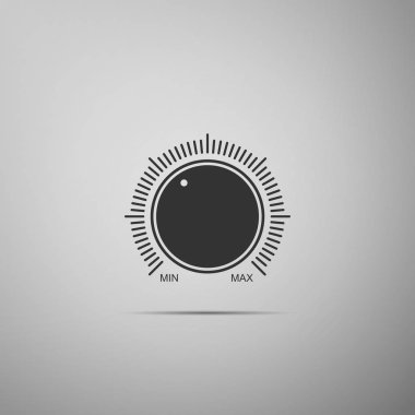 Gri arka plan üzerinde izole topuzu düzey teknoloji ayarlar simgesini arayın. Ses düğmesi, ses kontrolü, müzik topuzu numara ölçek, ses kontrolü, analog regülatörü ile. Düz tasarım. Vektör çizim