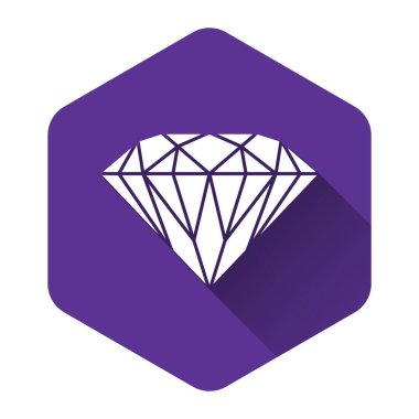 Beyaz Elmas simgesi uzun gölgelerle izole edilmiş. Mücevher sembolü. Mücevher taşı. Mor altıgen düğmesi. Vektör İllüstrasyonu