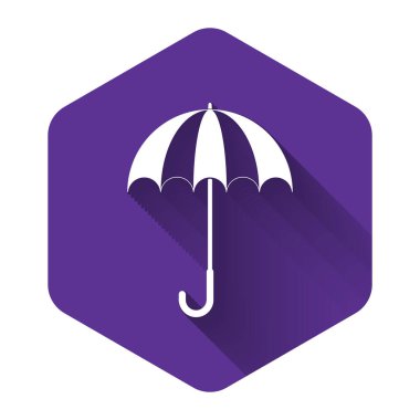 Beyaz klasik açık şemsiye simgesi uzun gölgeli izole edilmiş. Yağmur koruma sembolü. Mor altıgen düğmesi. Vektör İllüstrasyonu