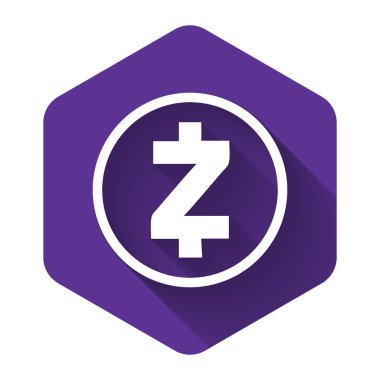 Uzun gölgeli beyaz kripto para Zcash Zec ikonu. Madeni para. Dijital para birimi. Altcoin sembolü. Engelleme zinciri tabanlı şifreli para birimi. Mor altıgen düğmesi. Vektör İllüstrasyonu