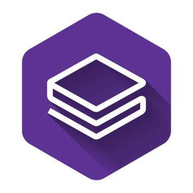 Uzun gölgeli beyaz kripto sikke Stratis Strat simgesi. Madeni para. Dijital para birimi. Altcoin sembolü. Engelleme zinciri tabanlı şifreli para birimi. Mor altıgen düğmesi. Vektör İllüstrasyonu
