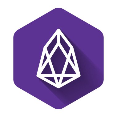 Beyaz kripto para birimi Eos simgesi uzun gölgeli izole edilmiş. Madeni para. Dijital para birimi. Altcoin sembolü. Engelleme zinciri tabanlı şifreli para birimi. Mor altıgen düğmesi. Vektör İllüstrasyonu