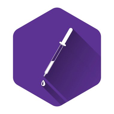 Beyaz Pipette simgesi uzun gölgeli izole edilmiş. Tıbbi elementler, kimya laboratuarı ekipmanları. Damlalı boru. Tıp sembolü. Mor altıgen düğmesi. Vektör İllüstrasyonu