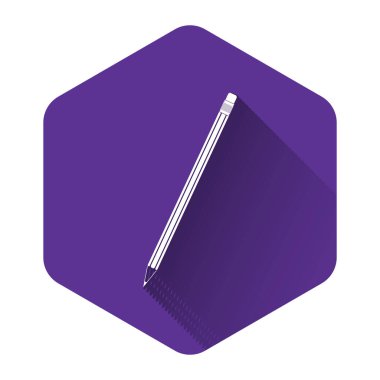 Silgi simgesine sahip beyaz kalem uzun gölgeli. Eğitim işareti. Çizim ve eğitim araçları. Okul sembolü. Mor altıgen düğmesi. Vektör İllüstrasyonu