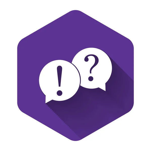 White Speech bubbles with Question and Exclamation marks icon isolated with long shadow. FAQ sign. Copy files, chat speech bubble and chart web icons. Purple hexagon button. Vector Illustration — ストックベクタ