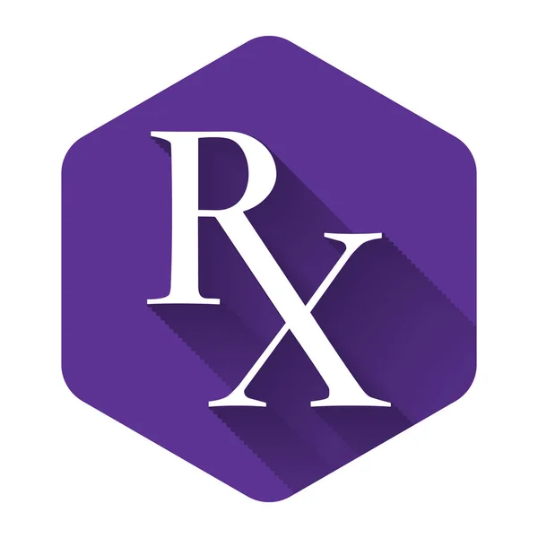 Fehér Medicine szimbólum Rx vényköteles ikon elszigetelt hosszú árnyék. Lila hatszög gomb. Vektorillusztráció — Stock Vector