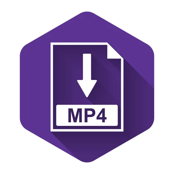 Biała ikona dokumentu Mp4. Pobierz ikonę przycisku Mp4 izolowaną długim cieniem. Fioletowy sześciokątny przycisk. Ilustracja wektora — Wektor stockowy