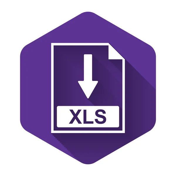 Weiße xls-Datei Dokument-Symbol. herunterladen xls Taste Symbol isoliert mit langem Schatten. lila Sechskant-Taste. Vektorillustration — Stockvektor