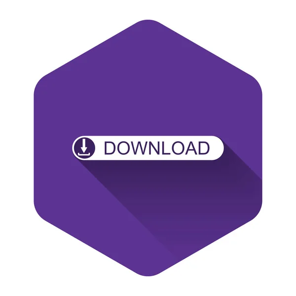 White Download button with arrow icon isolated with long shadow. Upload button. Load symbol. Purple hexagon button. Vector Illustration — Stock Vector