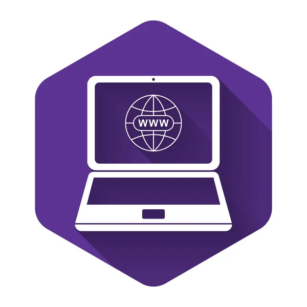 White Website on laptop screen icon with long shadow. Globe on screen of laptop. World wide web symbol. Internet symbol for your web site design, logo. Purple hexagon button. Vector Illustration — Stock Vector