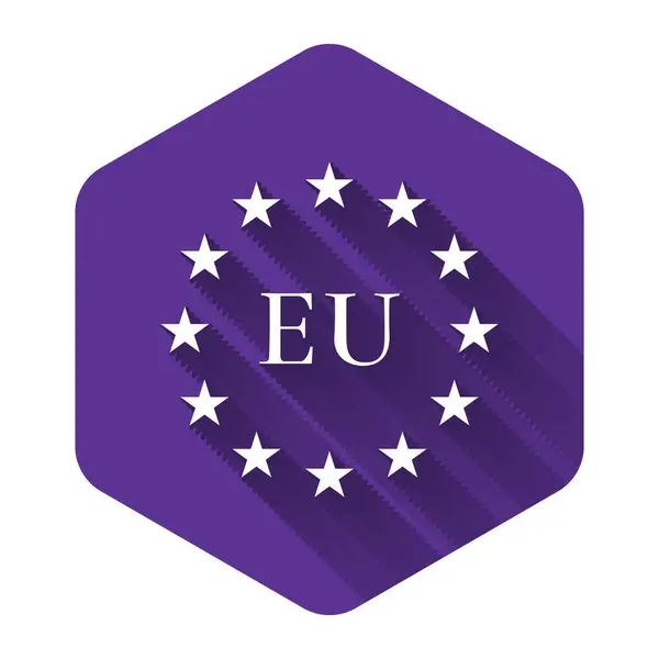 White Flag of European Union icon isolated with long shadow. EU circle symbol. Waving EU flag. Purple hexagon button. Vector Illustration — Stock vektor