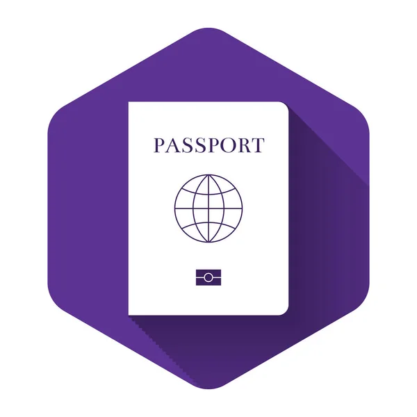 Pasaporte blanco con icono de datos biométricos aislado con sombra larga. Documento de identificación. Botón hexágono púrpura. Ilustración vectorial — Vector de stock
