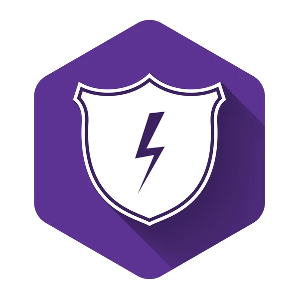 White Secure shield with lightning icon isolated with long shadow. Security, safety, protection, privacy concept. Purple hexagon button. Vector Illustration — ストックベクタ