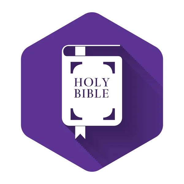Icona del libro della Sacra Bibbia bianca isolata con lunga ombra. Bottone esagonale viola. Illustrazione vettoriale — Vettoriale Stock