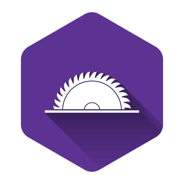 White Circular saw blade icon isolated with long shadow. Saw wheel. Purple hexagon button. Vector Illustration