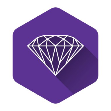 Beyaz Elmas simgesi uzun gölgelerle izole edilmiş. Mücevher sembolü. Mücevher taşı. Mor altıgen düğmesi. Vektör İllüstrasyonu