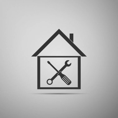 Kara Ev ya da evde tornavida ve anahtar simgesi gri arka planda izole edilmiş. Ayarlama, servis, ayar, bakım, onarım, onarım. Düz dizayn. Vektör İllüstrasyonu