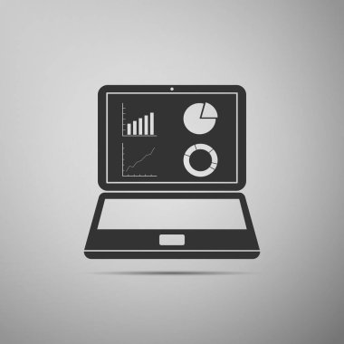 Gri arkaplanda grafik çizelgesi simgesi olan siyah dizüstü bilgisayar. Metin dosya simgesini rapor et. Muhasebe tabelası. Denetim, analiz, planlama. Düz dizayn. Vektör İllüstrasyonu