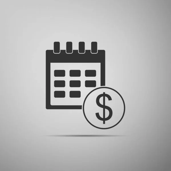 Svart finansiell kalender ikon isolerad på grå bakgrund. Årlig betalningsdag, månatlig budgetplanering, koncept med fast löptid, lånetid. Platt design. Vektor Illustration — Stock vektor