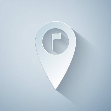 Gri arkaplanda golf bayrağı simgesi olan kağıt kesiği işaretleyici. Yer belirleyici sembol. Kağıt sanatı tarzı. Vektör İllüstrasyonu