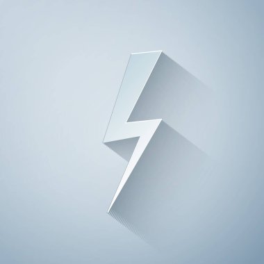 Kağıt kesme Şimşek cıvata simgesi gri arka plan üzerinde izole. Flash simgesi. Flash simgesini şarj edin. Şimşek çak. Işık grevi. Kağıt sanat tarzı. Vektör İllüstrasyonu