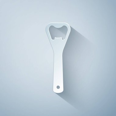 Kağıt kesiği şişe açacağı simgesi gri arkaplanda izole edildi. Kağıt sanatı tarzı. Vektör İllüstrasyonu