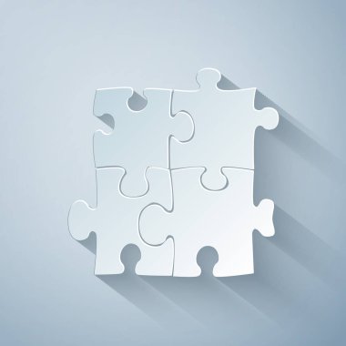 Kağıt kesiği, gri arkaplanda izole edilmiş yapboz simgesi. İş, pazarlama, finans, şablon, düzen, bilgi grafikleri, internet konsepti. Kağıt sanatı tarzı. Vektör İllüstrasyonu