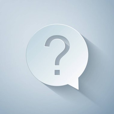 Kağıt kesiği Soru işareti gri arkaplanda izole edilmiş daire simgesi şeklinde. Tehlike uyarısı sembolü. Yardım sembolü. Faq işareti. Kağıt sanatı tarzı. Vektör İllüstrasyonu