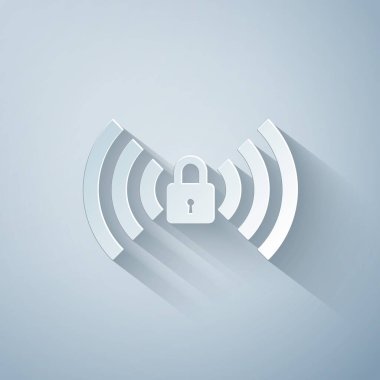 Kağıt kesilmiş Wifi kilitli işaret simgesi gri arka plan üzerinde izole. Şifre Wi-fi simgesi. Kablosuz Ağ simgesi. Wifi bölgesi. Kağıt sanat tarzı. Vektör İllüstrasyonu