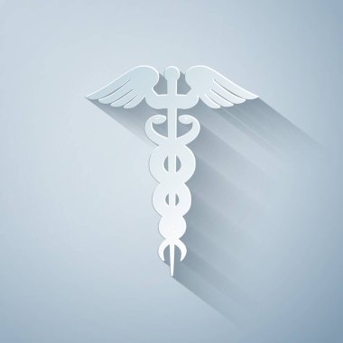 Kağıt, gri arka planda izole edilmiş Caduceus tıbbi sembol simgesi. Tıp ve sağlık hizmetleri kavramı. Eczane ya da ilaç amblemi, eczane yılan sembolü. Kağıt sanatı tarzı. Vektör İllüstrasyonu