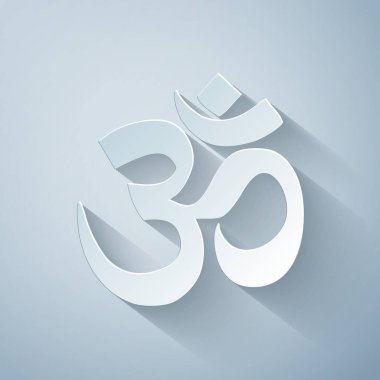 Kağıt kesiği Om veya Aum Indian kutsal ses simgesi gri arka planda izole. Budizm ve Hinduizm dinlerinin sembolü. Brahma, Vishnu ve Shiva 'nın kutsal üçlemesinin sembolü. Vektör İllüstrasyonu