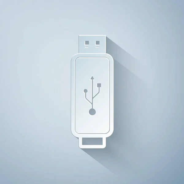 Papier geschnittene USB-Stick-Symbol isoliert auf grauem Hintergrund. Papierkunst. Vektorillustration — Stockvektor